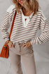Textured Stripe Notched Button Tab V Neck Drop Shoulder Long Sleeve Top